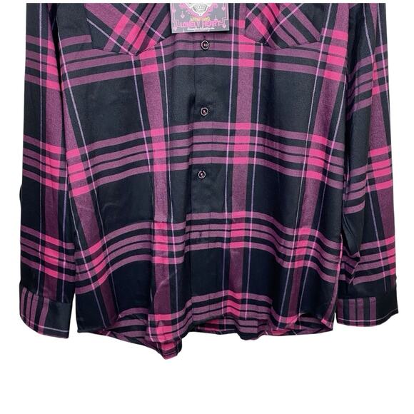 Greasy Hands Society Mens Pink Black Purple Button Up Flannel Shirt 2XLT Tall - Picture 3 of 10